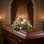 Cubre caja fúnebre 'Genoveva' con lirios blancos, rosas pálidas y follaje verde, elegantemente dispuesto sobre un ataúd de ma