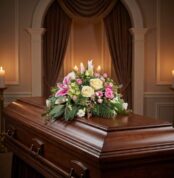 Cubre caja fúnebre 'Genoveva' con lirios blancos, rosas pálidas y follaje verde, elegantemente dispuesto sobre un ataúd de ma