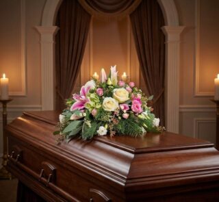 Cubre caja fúnebre 'Genoveva' con lirios blancos, rosas pálidas y follaje verde, elegantemente dispuesto sobre un ataúd de ma