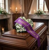 Cubre caja fúnebre con arreglo floral blanco y morado, destacando una cinta satinada morada con el texto 'SENTIDAS CONDOLENCI