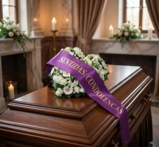 Cubre caja fúnebre con arreglo floral blanco y morado, destacando una cinta satinada morada con el texto 'SENTIDAS CONDOLENCI