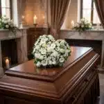 Elegante cubre caja fúnebre con rosas blancas y margaritas, formando un corazón sobre un ataúd de madera oscura en un entorno