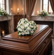 Elegante cubre caja fúnebre con rosas blancas y margaritas, formando un corazón sobre un ataúd de madera oscura en un entorno