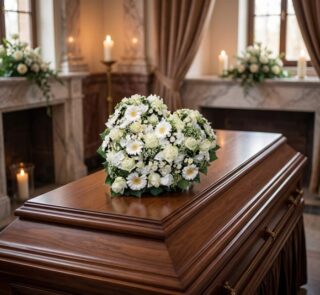 Elegante cubre caja fúnebre con rosas blancas y margaritas, formando un corazón sobre un ataúd de madera oscura en un entorno