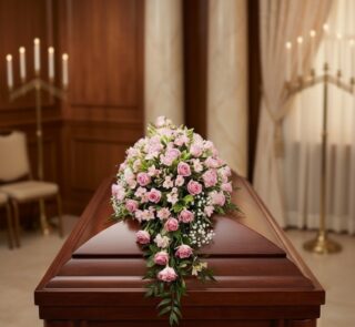 Cubre caja fúnebre con rosas rosadas y follaje verde, sobre un ataúd de madera oscura en una sala de velación premium con luz