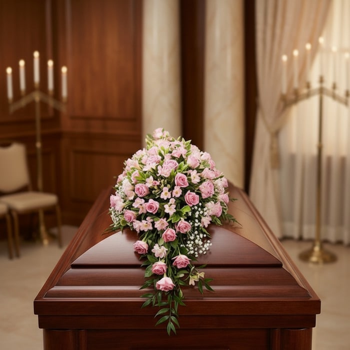 Cubre caja fúnebre con rosas rosadas y follaje verde, sobre un ataúd de madera oscura en una sala de velación premium con luz