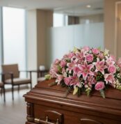 Cubre caja fúnebre Ifigenia con rosas y lirios rosados, eucalipto y astromelias, sobre un ataúd de madera en una sala de vela