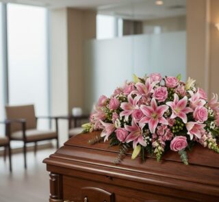 Cubre caja fúnebre Ifigenia con rosas y lirios rosados, eucalipto y astromelias, sobre un ataúd de madera en una sala de vela
