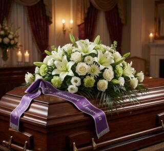 Cubre caja fúnebre "Legado Eterno de Tomás" con lirios, rosas blancas y cinta morada en sala de velación premium, luz difusa.