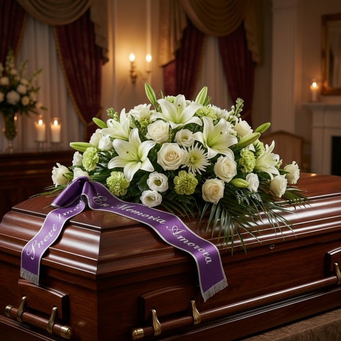 Cubre caja fúnebre "Legado Eterno de Tomás" con lirios, rosas blancas y cinta morada en sala de velación premium, luz difusa.