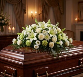 Cubre caja fúnebre 'Legado Eterno de Tomás' con lirios blancos, rosas y follaje verde sobre un ataúd de madera oscura en un a