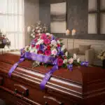 Cubre caja fúnebre 'El Legado de Francisco' con un arreglo floral vibrante de gerberas, claveles e iris, y una cinta morada c