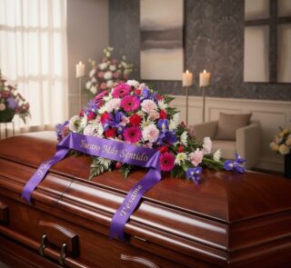 Cubre caja fúnebre 'El Legado de Francisco' con un arreglo floral vibrante de gerberas, claveles e iris, y una cinta morada c