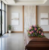 Cubre caja fúnebre 'Legado Sereno de Ivon' con rosas rosadas, claveles y follaje, sobre un ataúd de madera en una sala de vel
