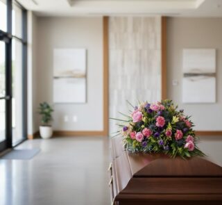 Cubre caja fúnebre 'Legado Sereno de Ivon' con rosas rosadas, claveles y follaje, sobre un ataúd de madera en una sala de vel