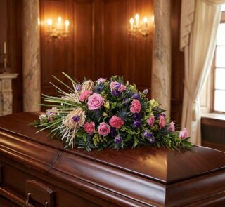 Cubre caja fúnebre 'Legado Sereno de Ivon' con rosas rosadas, claveles y cardos azules sobre un ataúd de madera oscura en un