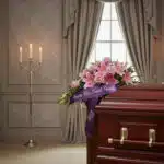 Cubre caja fúnebre Lino con rosas y lirios rosados, cinta morada con 'Nuestro Más Sentido Pésame' sobre un ataúd de madera en