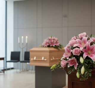 Cubre caja fúnebre Lino con rosas y lirios rosados en primer plano, en una sala de velación moderna con ataúd de madera desen