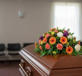 Cubre caja fúnebre 'Paz Eterna' con flores variadas en tonos naranja, blanco y morado, sobre un ataúd de madera en una sala d