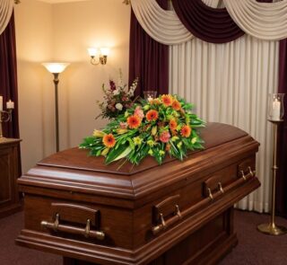 Cubre caja fúnebre 'Paz Eterna' con flores frescas y vibrantes sobre un ataúd de madera oscura en un entorno elegante y bien