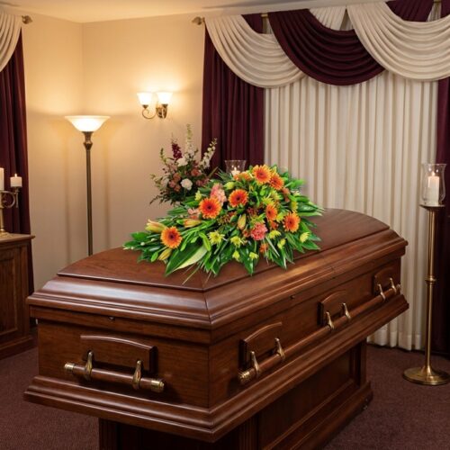 Cubre caja fúnebre 'Paz Eterna' con flores frescas y vibrantes sobre un ataúd de madera oscura en un entorno elegante y bien