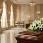 Cubre caja fúnebre 'Legado de José' con rosas blancas y lirios, delicadamente dispuesto sobre un ataúd de madera en una sala