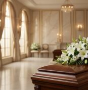 Cubre caja fúnebre 'Legado de José' con rosas blancas y lirios, delicadamente dispuesto sobre un ataúd de madera en una sala