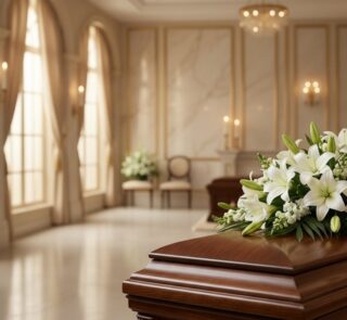 Cubre caja fúnebre 'Legado de José' con rosas blancas y lirios, delicadamente dispuesto sobre un ataúd de madera en una sala