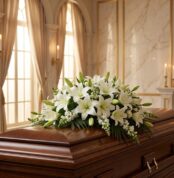 Cubre caja fúnebre 'Legado de José' con rosas blancas y lirios, sobre un ataúd de madera oscura en un entorno elegante y sole