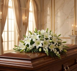 Cubre caja fúnebre 'Legado de José' con rosas blancas y lirios, sobre un ataúd de madera oscura en un entorno elegante y sole