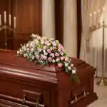 Cubre caja fúnebre elegante con rosas rosadas y follaje verde, delicadamente dispuesto sobre un ataúd de madera oscura en un