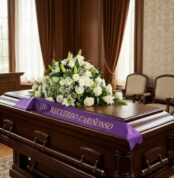 Cubre caja fúnebre solemne con arreglo floral blanco y cinta morada 'En Recuerdo Cariñoso' en sala de velación premium.