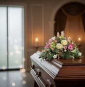 Arreglo floral cubre caja Genoveva con rosas blancas, lirios y follaje sobre un ataúd de madera en una sala de velación moder