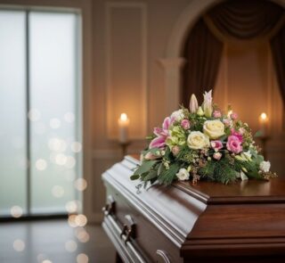 Arreglo floral cubre caja Genoveva con rosas blancas, lirios y follaje sobre un ataúd de madera en una sala de velación moder