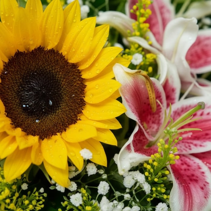 Primer plano extremo de un girasol amarillo con gotas de rocío y un lirio rosa y blanco, mostrando texturas hiperrealistas y