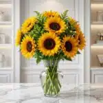 Jarrón de cristal transparente con doce girasoles grandes y vibrantes, hojas verdes y follaje decorativo, sobre una mesa de m