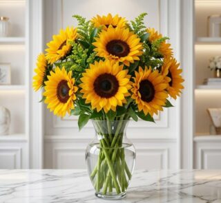 Jarrón de cristal transparente con doce girasoles grandes y vibrantes, hojas verdes y follaje decorativo, sobre una mesa de m