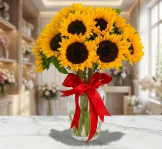 Jarrón de cristal con doce girasoles grandes y vibrantes, atado con un lazo rojo, sobre una mesa de mármol en una floristería