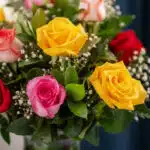 Primer plano extremo de un jarrón con 12 rosas multicolor, incluyendo rosas amarillas, rosadas y rojas, con sutiles gotas de