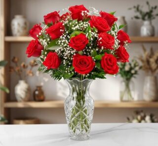 Jarrón de cristal con doce rosas rojas frescas y exuberantes, acompañadas de follaje verde y pequeñas flores blancas, sobre u