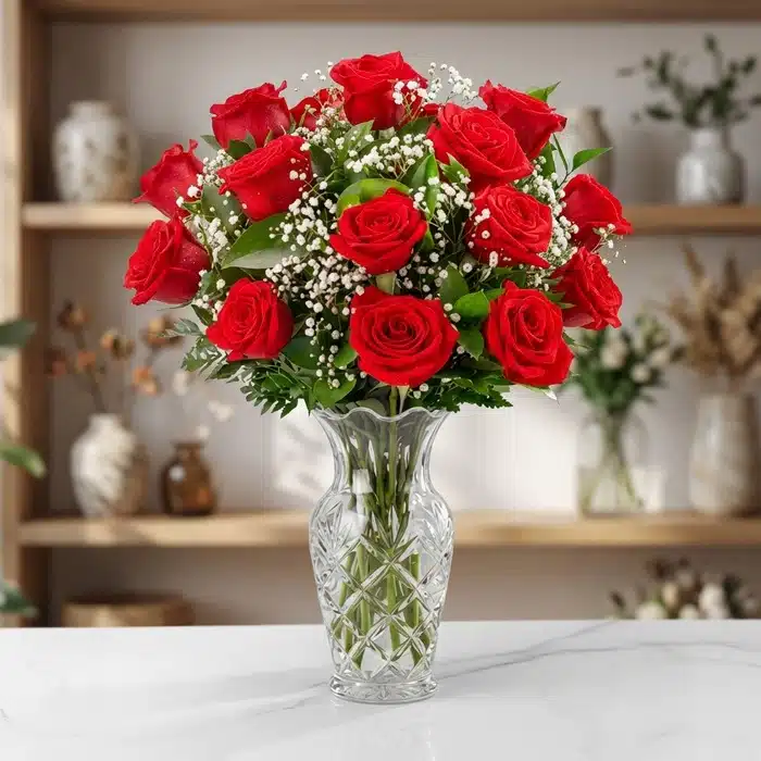 Jarrón con 12 Rosas Rojas: El Regalo Perfecto para Enamorar Jarrón de cristal con doce rosas rojas frescas y exuberantes, acompañadas de follaje verde y pequeñas flores blancas, sobre u