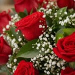 Primer plano extremo de un jarrón con 12 rosas rojas, mostrando texturas hiperrealistas, gotas de rocío y follaje verde con f