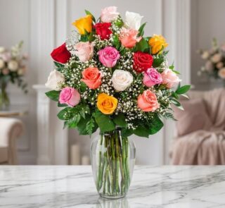 Jarrón de cristal con 18 rosas de diversos colores (rojo, rosa, amarillo, blanco, naranja) y follaje verde, sobre una mesa de