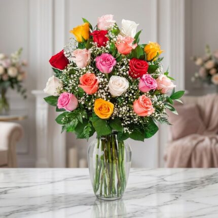 Jarrón de cristal con 18 rosas de diversos colores (rojo, rosa, amarillo, blanco, naranja) y follaje verde, sobre una mesa de