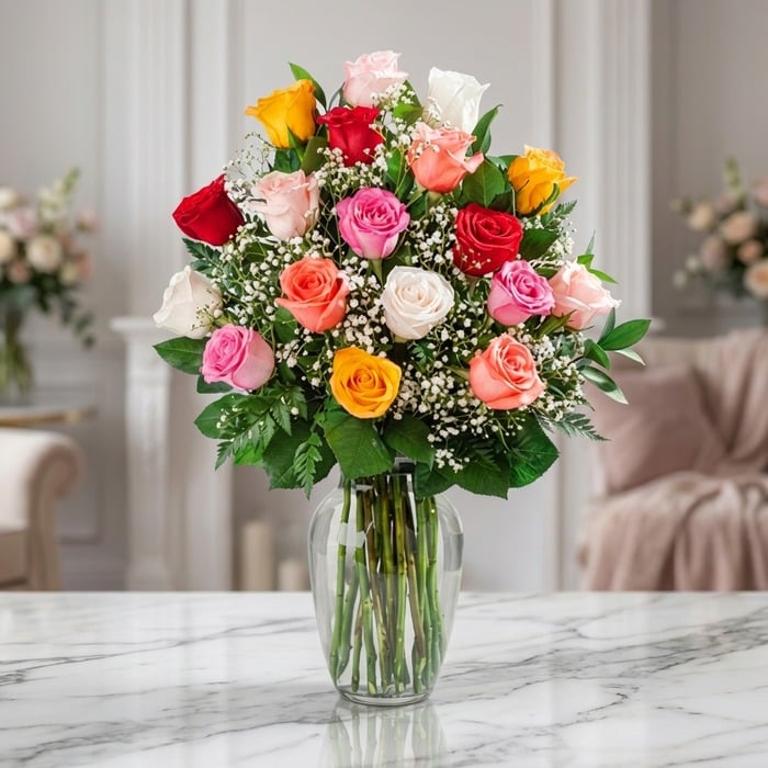 Jarrón de cristal con 18 rosas de diversos colores (rojo, rosa, amarillo, blanco, naranja) y follaje verde, sobre una mesa de