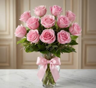 Jarron Allegria con doce rosas rosadas vibrantes y abiertas, adornado con un elegante moño rosa, sobre una superficie de márm
