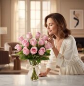 Mujer elegante admirando y oliendo un hermoso ramo de 12 rosas rosadas en un jarrón de cristal con moño, en un lujoso interio