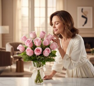 Mujer elegante admirando y oliendo un hermoso ramo de 12 rosas rosadas en un jarrón de cristal con moño, en un lujoso interio