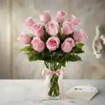 Jarron Allegria con 12 rosas rosadas frescas, cinta de satén rosa y tarjeta de regalo elegante sobre mármol blanco. Regalo pe