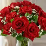 Primer plano extremo de un jarrón de rosas rojas frescas con gotas de rocío, hojas verdes y flores de aliento de bebé, resalt